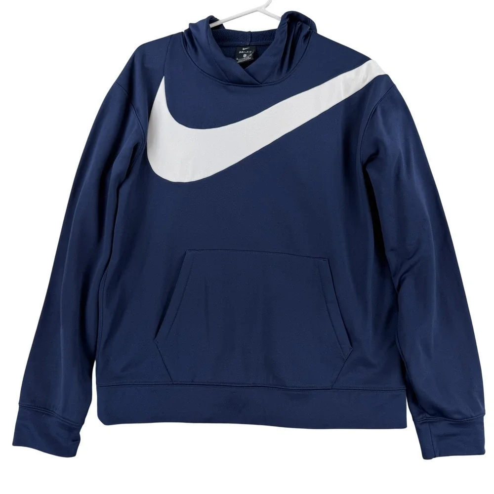 Nike Dri-FIT Hoodie Mens Medium Blue‎ Pullover Swoosh Logo Sweatshirt Graphic